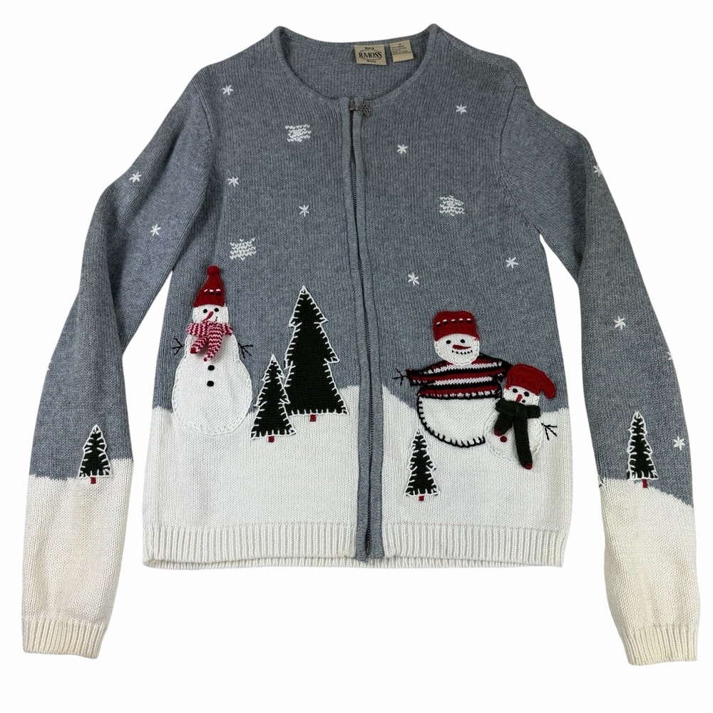 VTG B.Moss Full Zip Snowman Christmas Winter‎ Scene Sweater Women's Small Granny